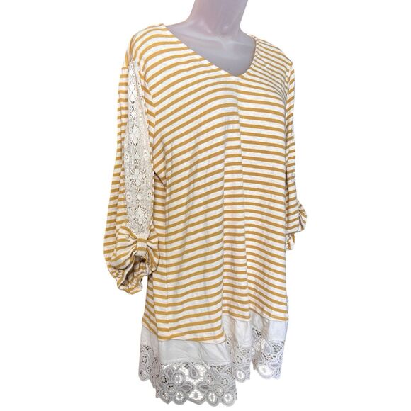 Cato Mustard Yellow Striped Lace Trim Tunic Top Sz Large Lagenlook Cottagecore - Picture 2 of 8
